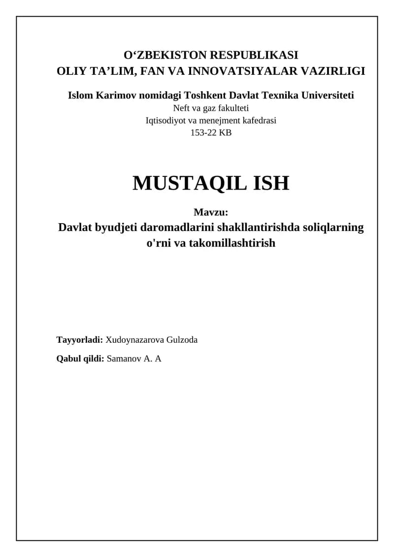 Daavat byudjeti daromadlarini shakllantirishda soliqlarning o'rni va takomillashtirish
