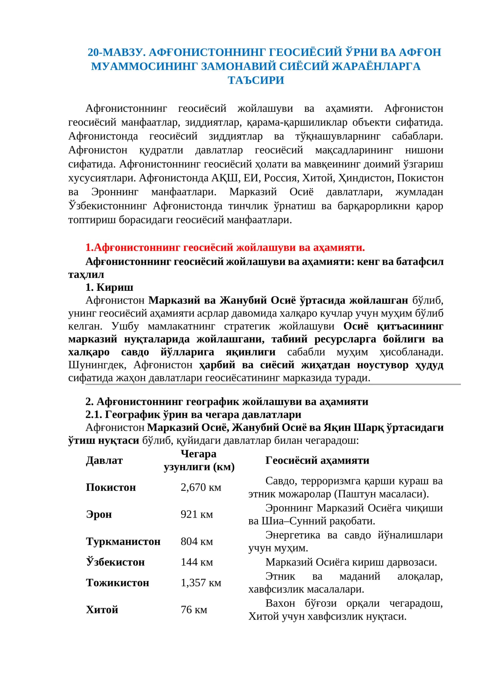 1.Афғонистоннинг геосиёсий жойлашуви ва аҳамияти