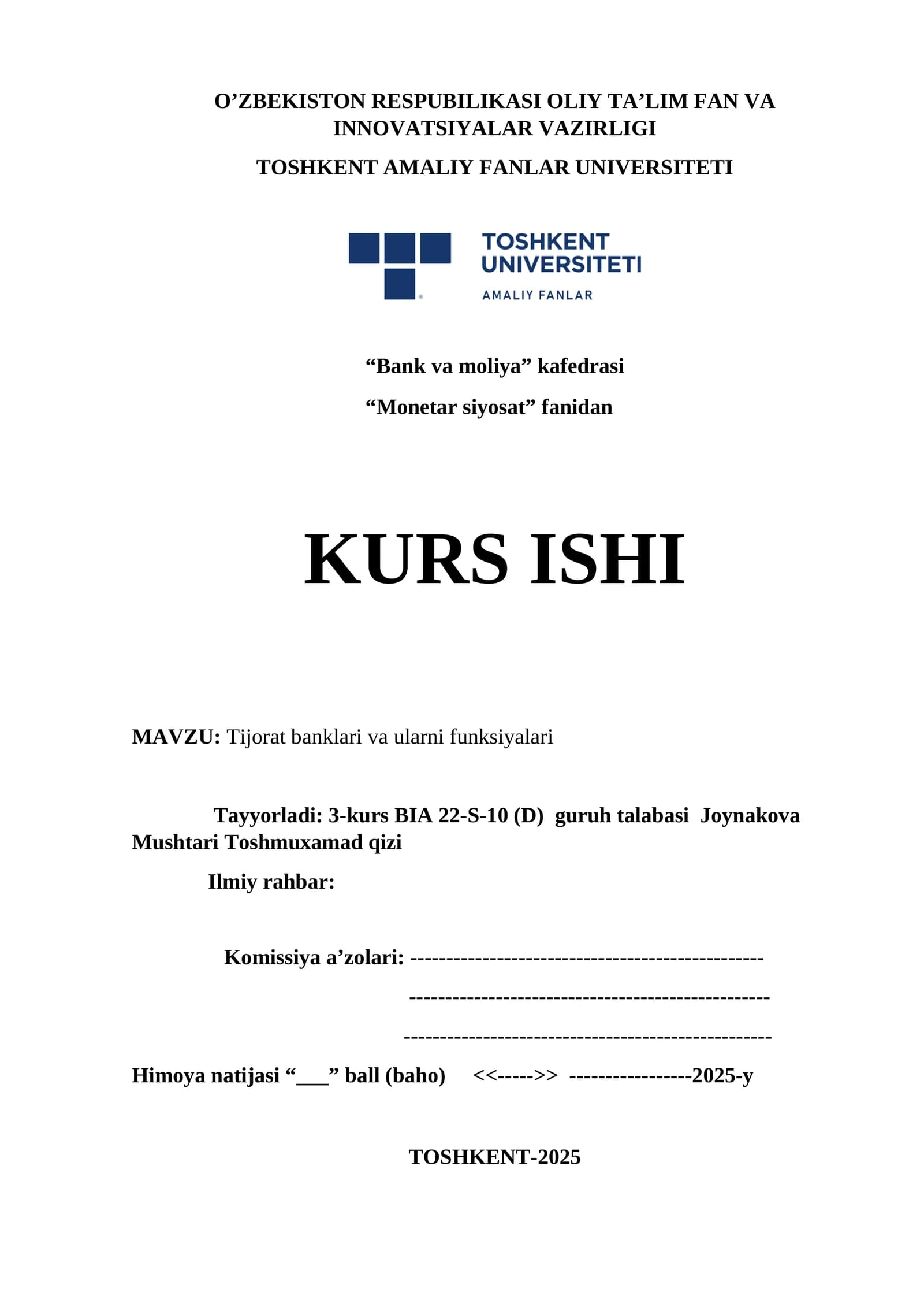Tijorat banklari va ularni funksiyalari
