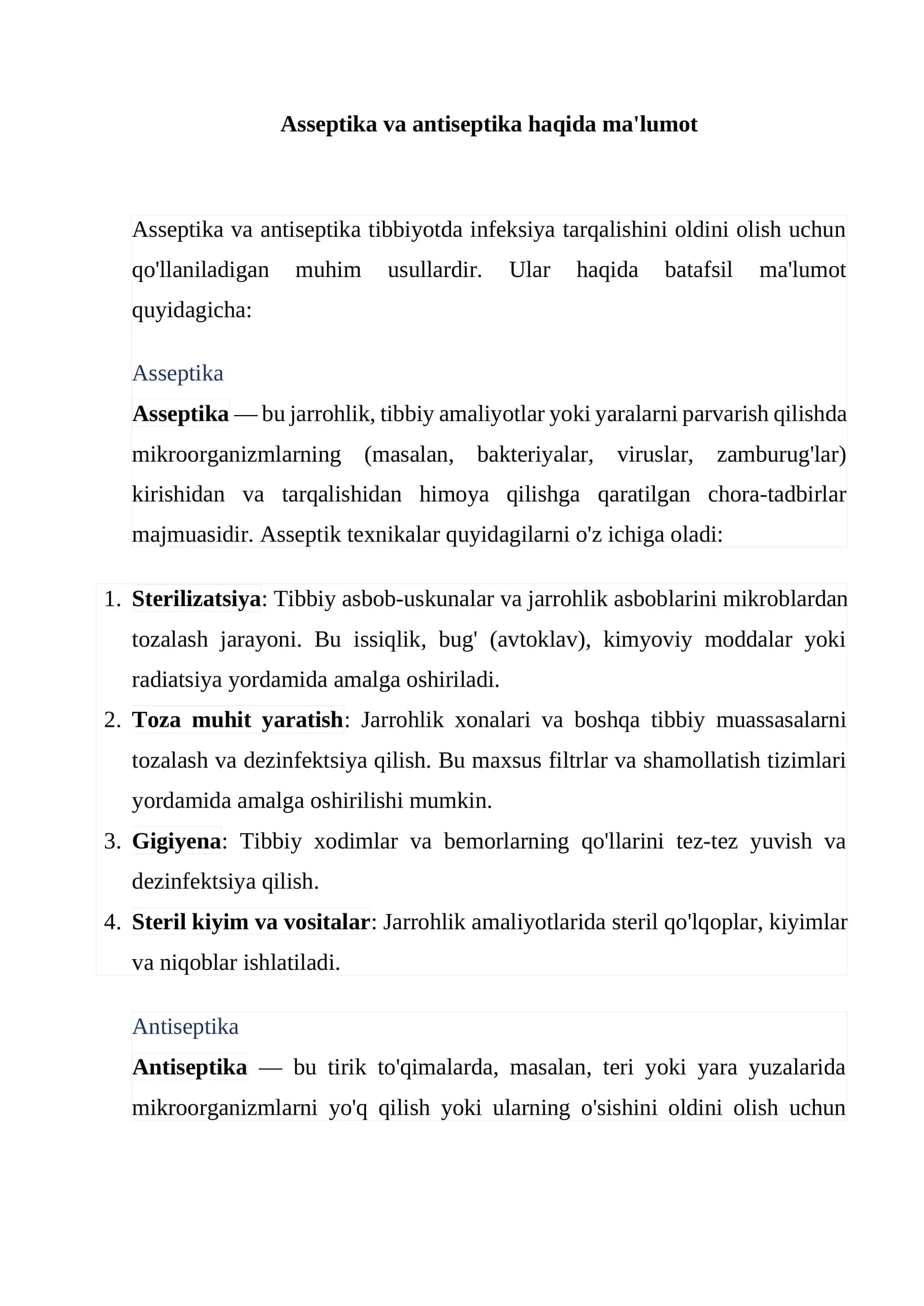 Asseptika va antiseptika haqida ma'lumot