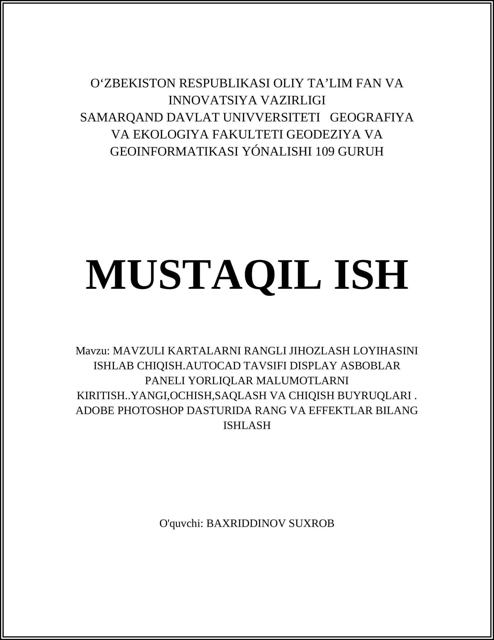 MAVZULI KARTALARNI RANGLI JIHOZLASH LOYIHASINI ISHLAB CHIQISH