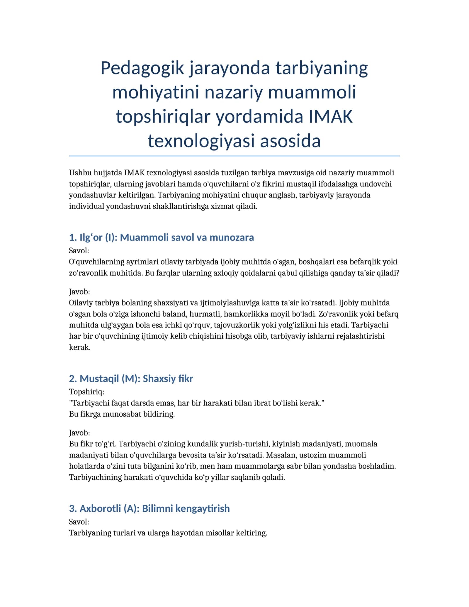 Pedagogik jarayonda tarbiyaning mohiyatini nazariy muammoli topshiriqlar yordamida IMAK texnologiyasi asosida