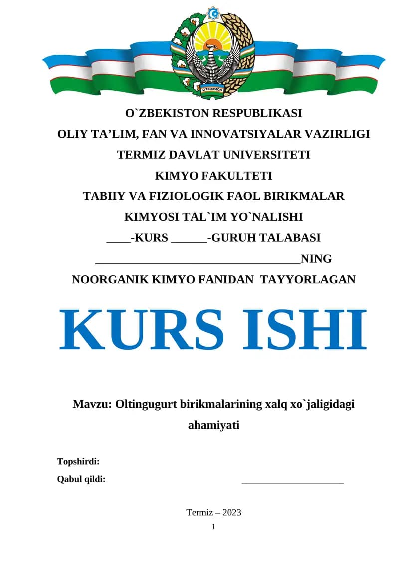 Oltingugurt birikmalarining xalq xo`jaligidagi ahamiyati