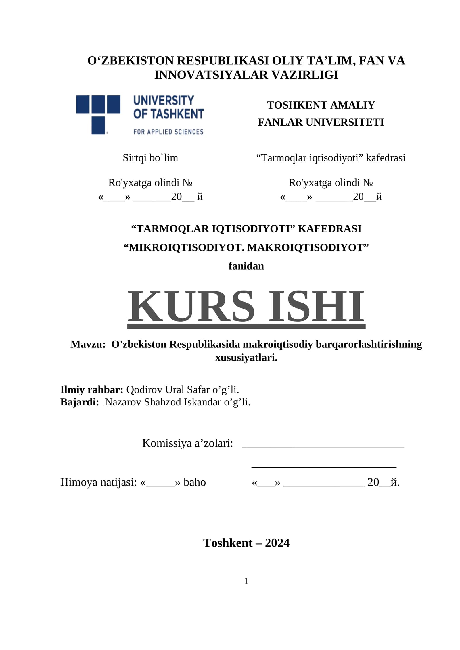 O'zbekiston Respublikasida makroiqtisodiy barqarorlashtirishning xususiyatlari