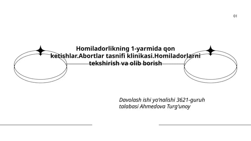 Homiladorlikning 1-yarmida qon ketishlar. Abortlar tasnifi klinikasi. Homiladorlarni tekshirish va olib borish