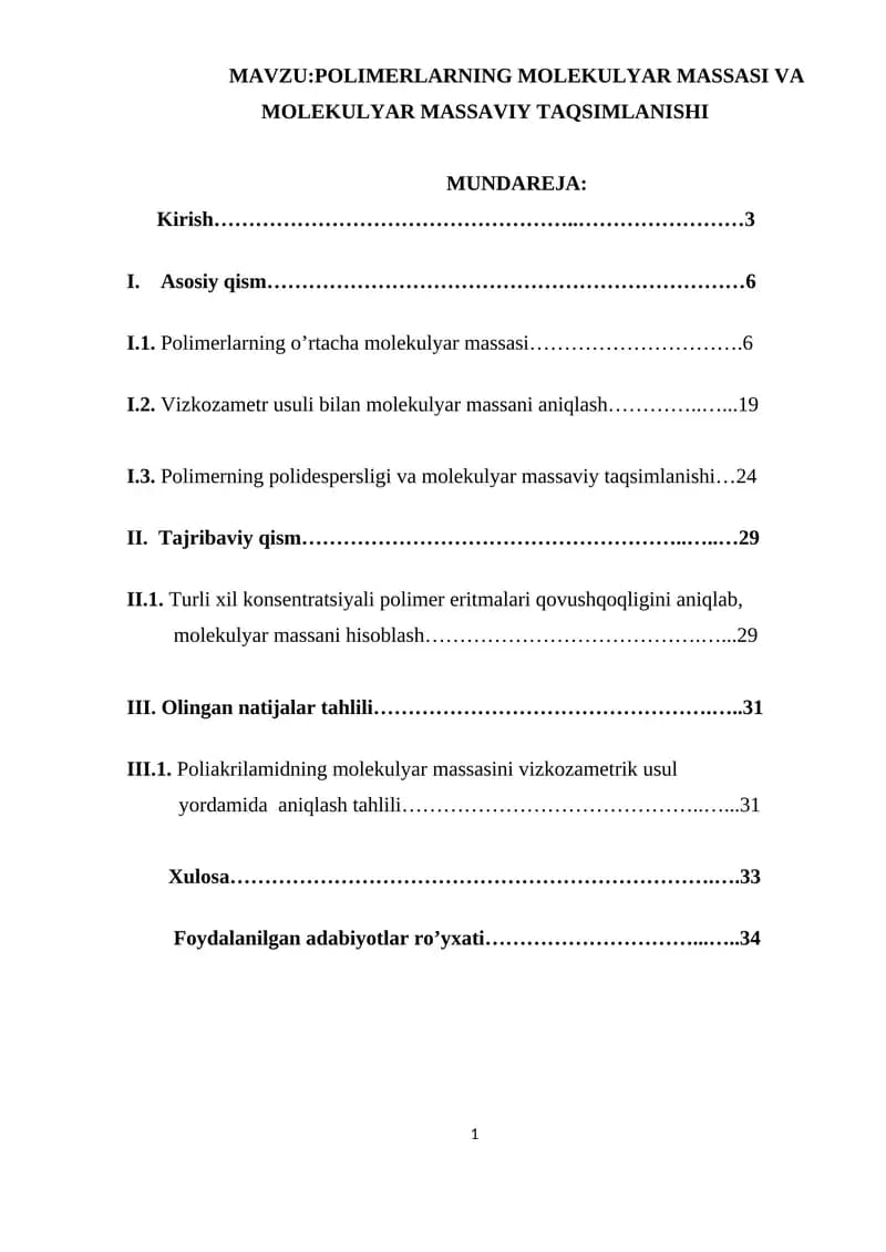 POLIMERLARNING MOLEKULYAR MASSASI VA MOLEKULYAR MASSAVIY TAQSIMLANISHI