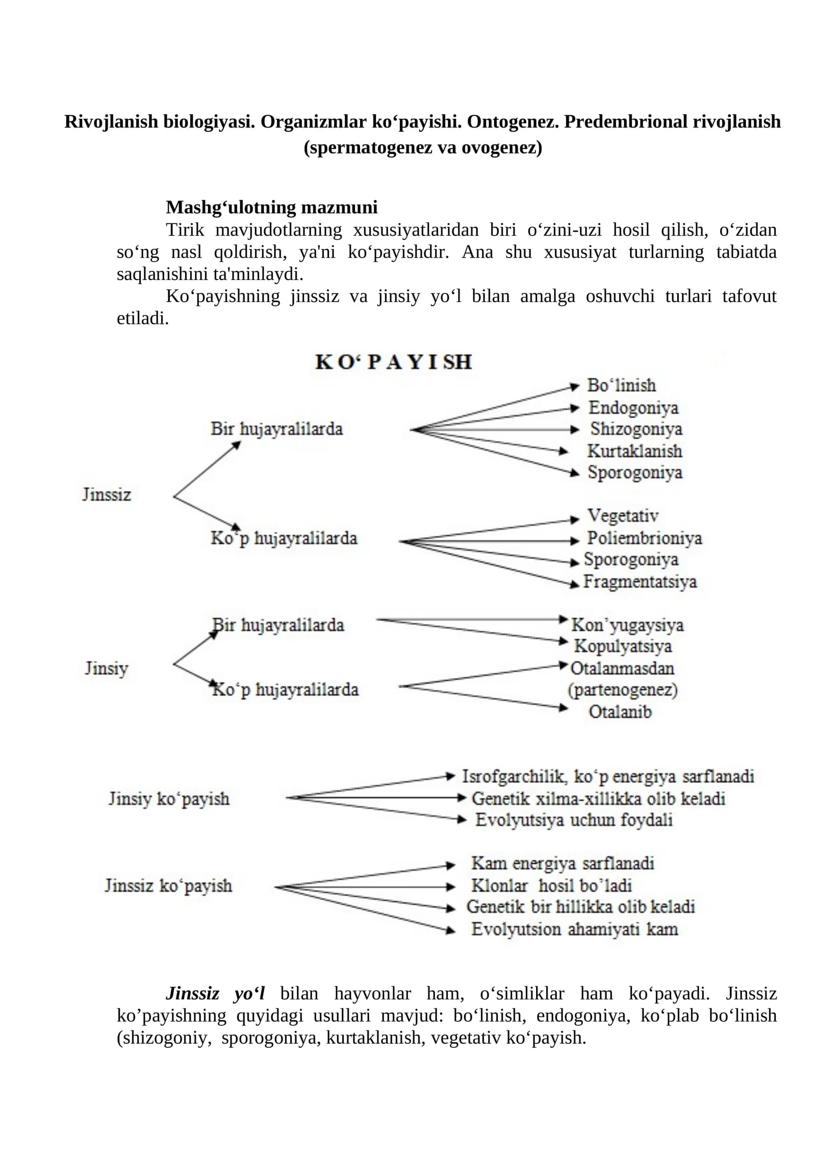 Rivojlanish biologiyasi. Organizmlar ko‘payishi. Ontogenez. Predembrional rivojlanish (spermatogenez va ovogenez)