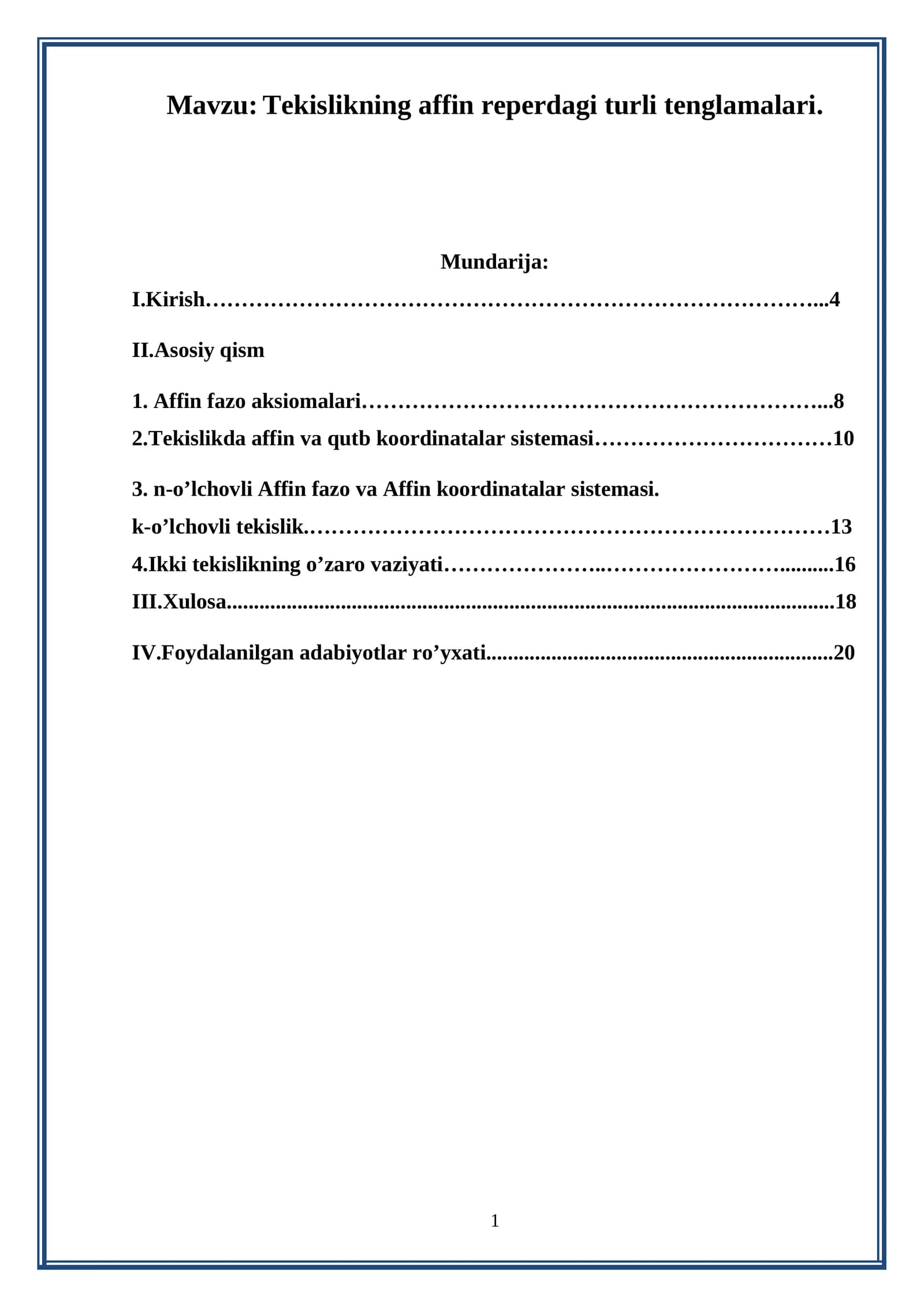 Tekislikning affin reperdagi turli tenglamalari
