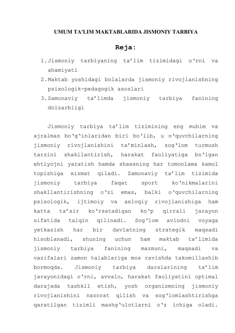 UMUM TA'LIM MAKTABLARIDA JISMONIY TARBIYA