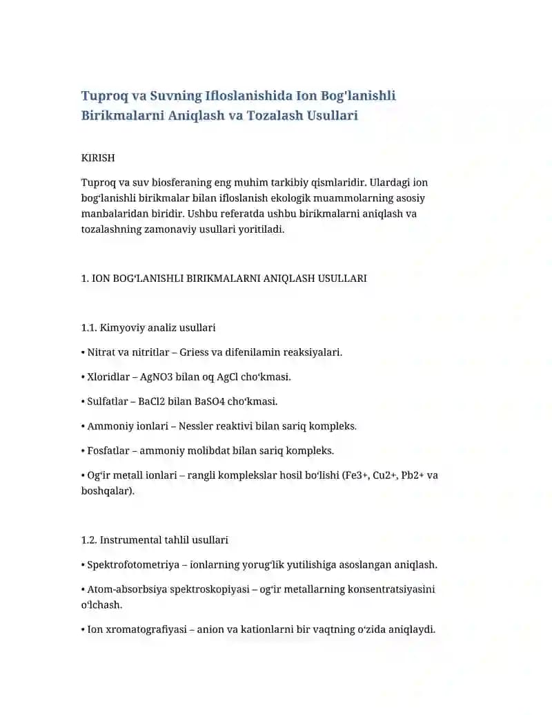 Tuproq va Suvning Ifloslanishida Ion Bog'lanishli Birikmalarni Aniqlash va Tozalash Usullari