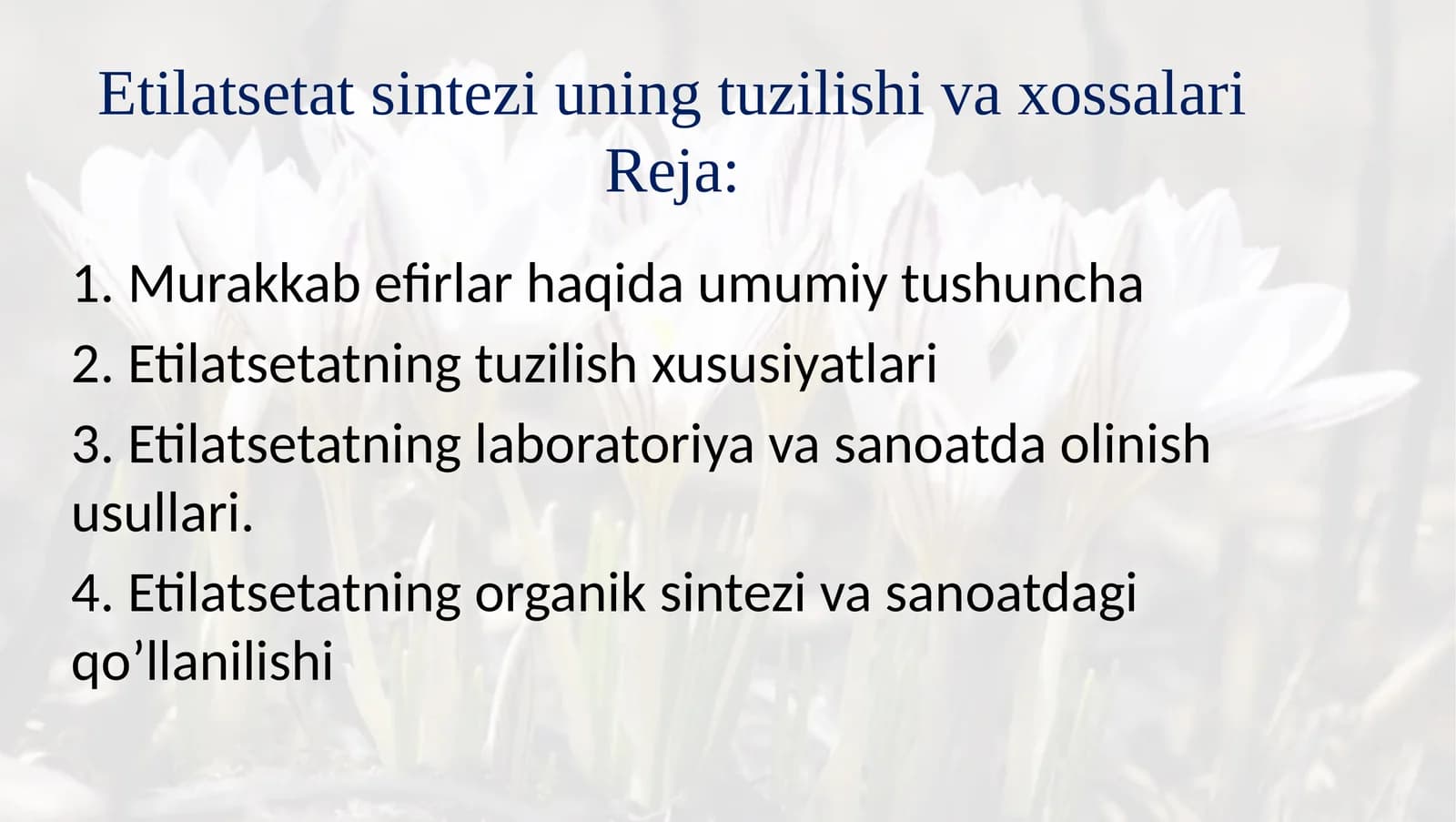 Etilatsetat sintezi uning tuzilishi va xossalari