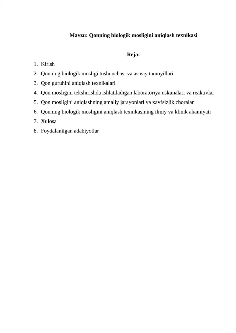 Qonning biologik mosligini aniqlash texnikasi
