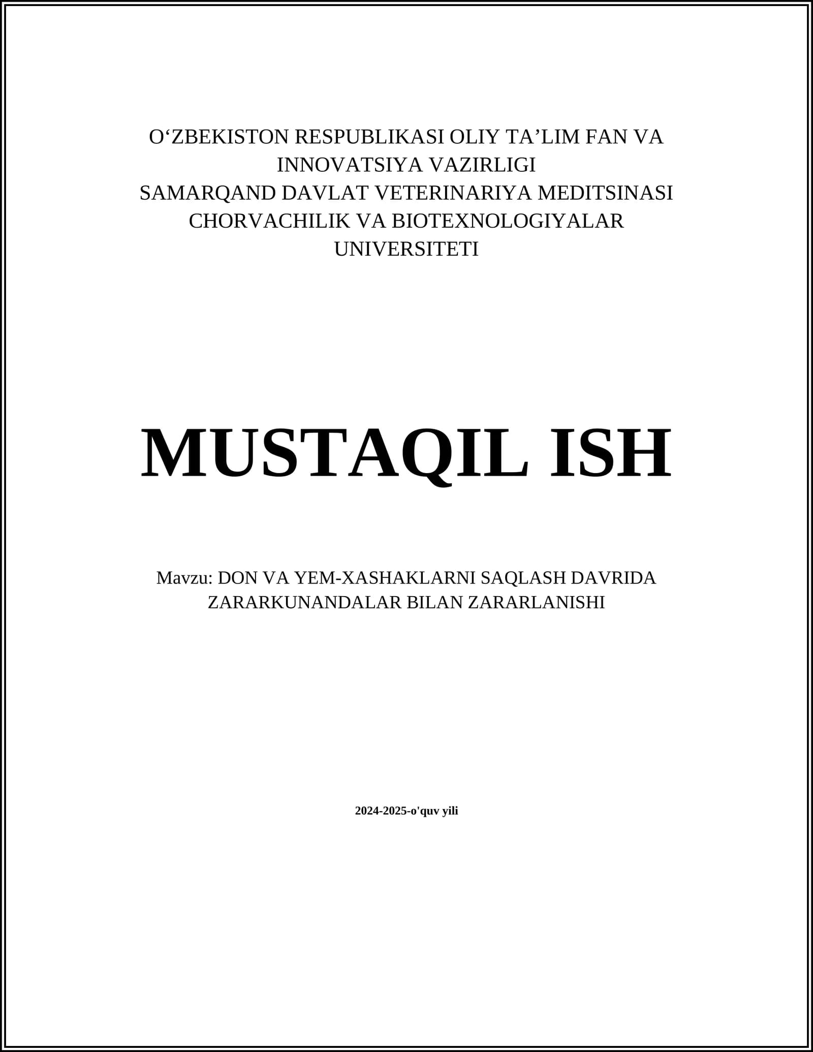 DON VA YEM-XASHAKLARNI SAQLASH DAVRIDA ZARARKUNANDALAR BILAN ZARARLANISHI
