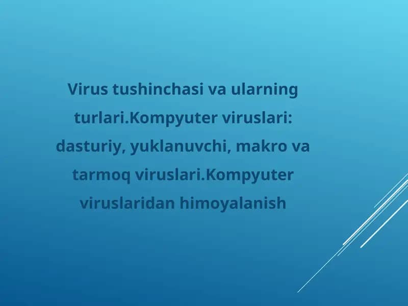 Virus tushinchasi va ularning turlari.Kompyuter viruslari: dasturiy, yuklanuvchi, makro va tarmoq viruslari.Kompyuter viruslaridan himoyalanish