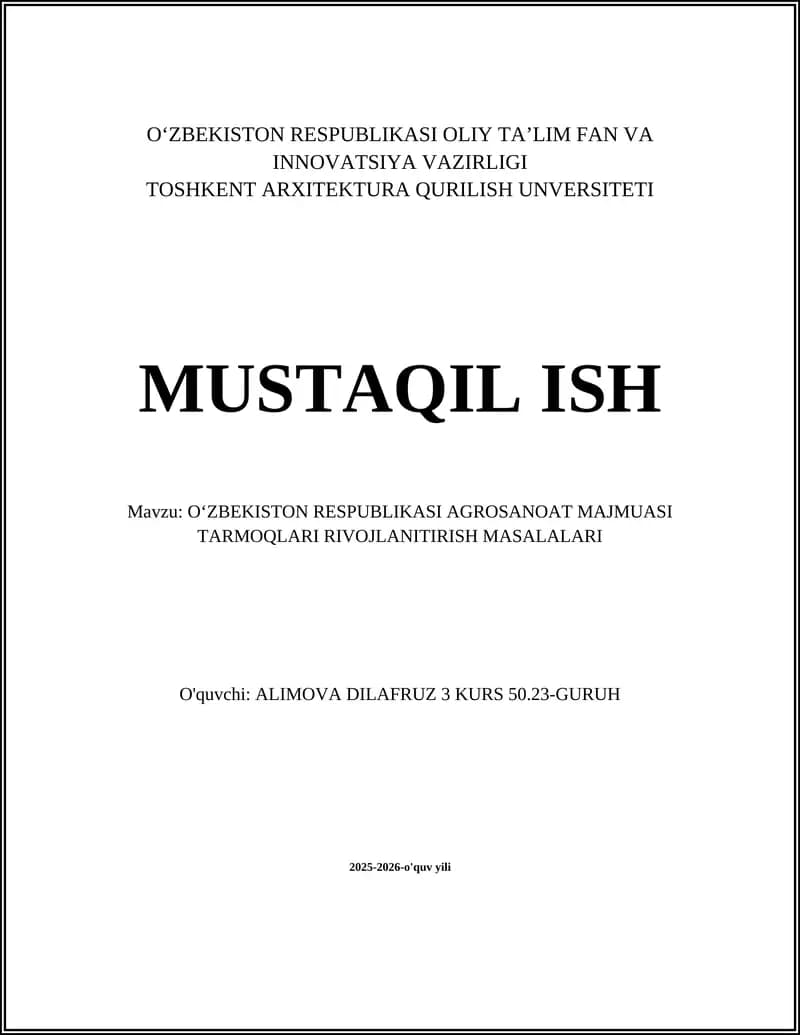 OʻZBEKISTON RESPUBLIKASI AGROSANOAT MAJMUASI TARMOQLARI RIVOJLANITIRISH MASALALARI