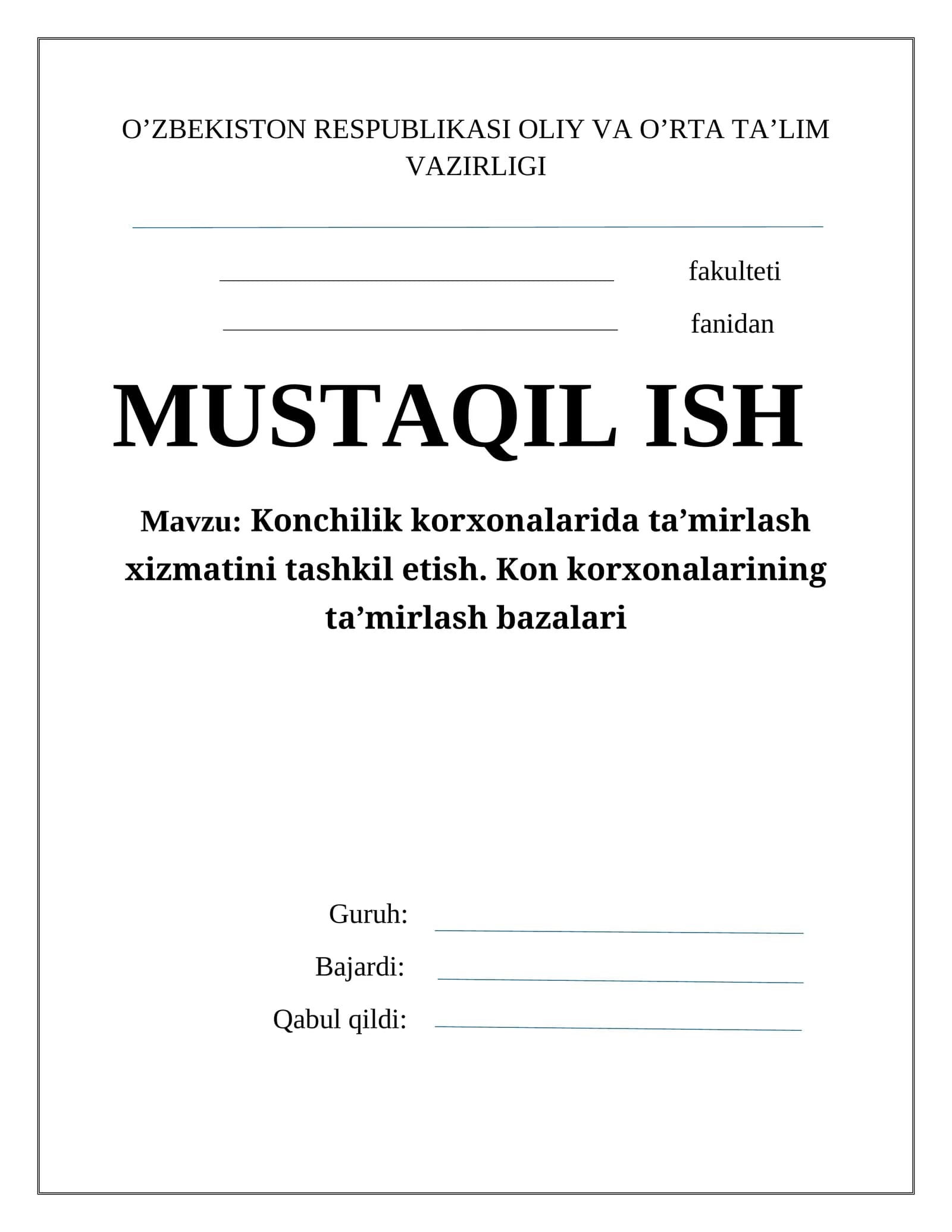 Konchilik korхonalarida ta’mirlash хizmatini tashkil etish