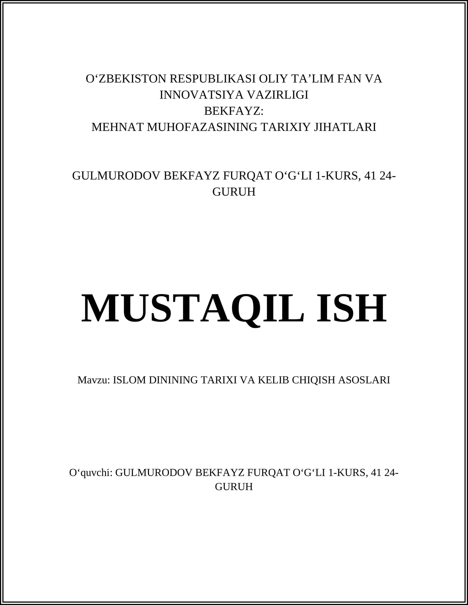 MEHNAT MUHOFAZASINING TARIXIY JIHATLARI