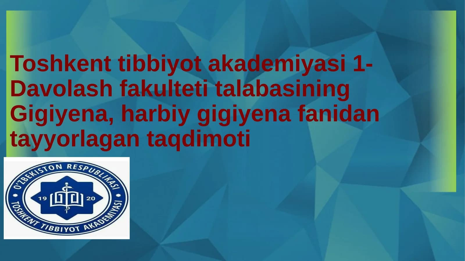Gigiyena, harbiy gigiyena fanidan tayyorlagan taqdimoti