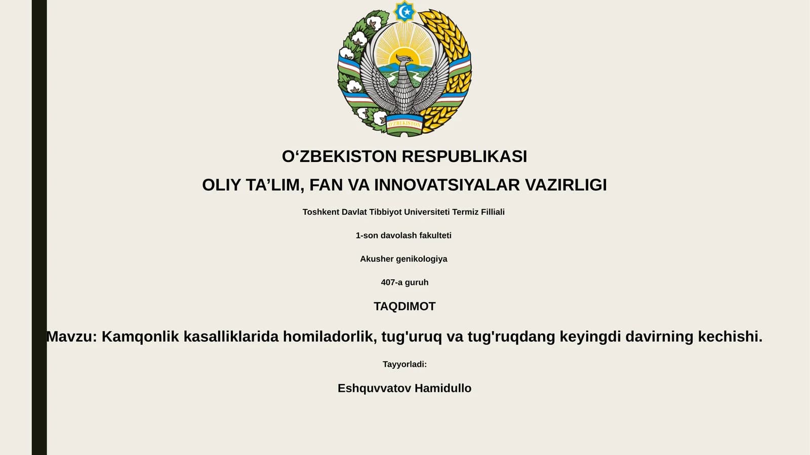 Kamqonlik kasalliklarida homiladorlik, tug'uruq va tug'ruqdang keyingdi davirning kechishi