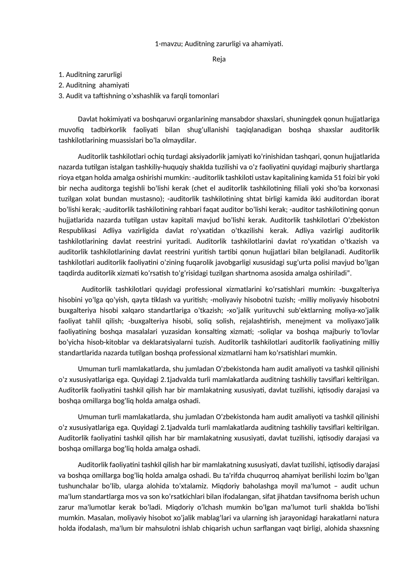 Auditning zarurligi va ahamiyati
