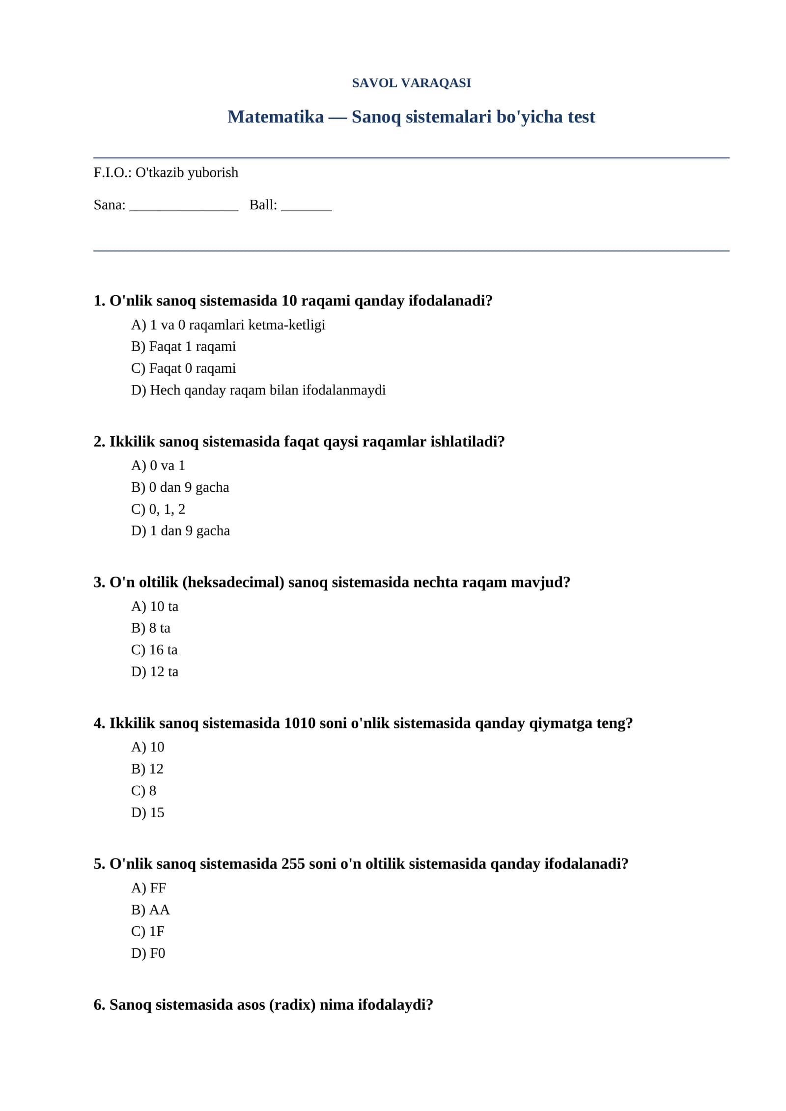 Sanoq sistemalari bo'yicha test