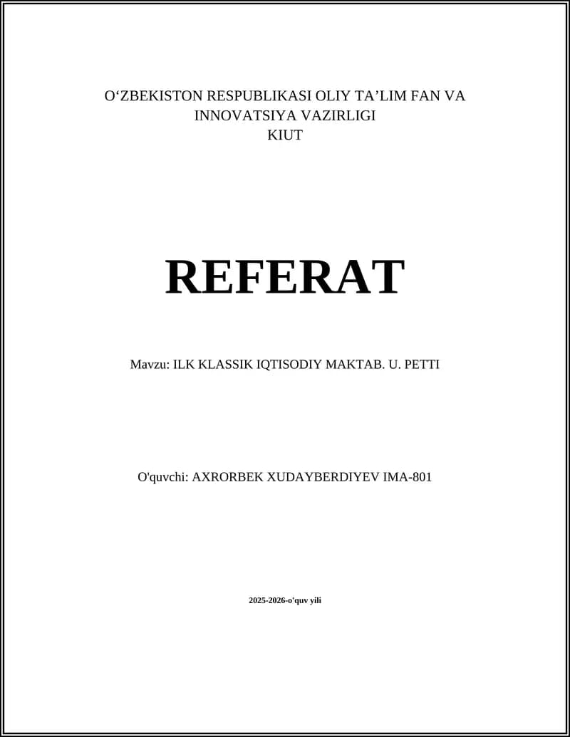 ILK KLASSIK IQTISODIY MAKTAB. U. PETTI
