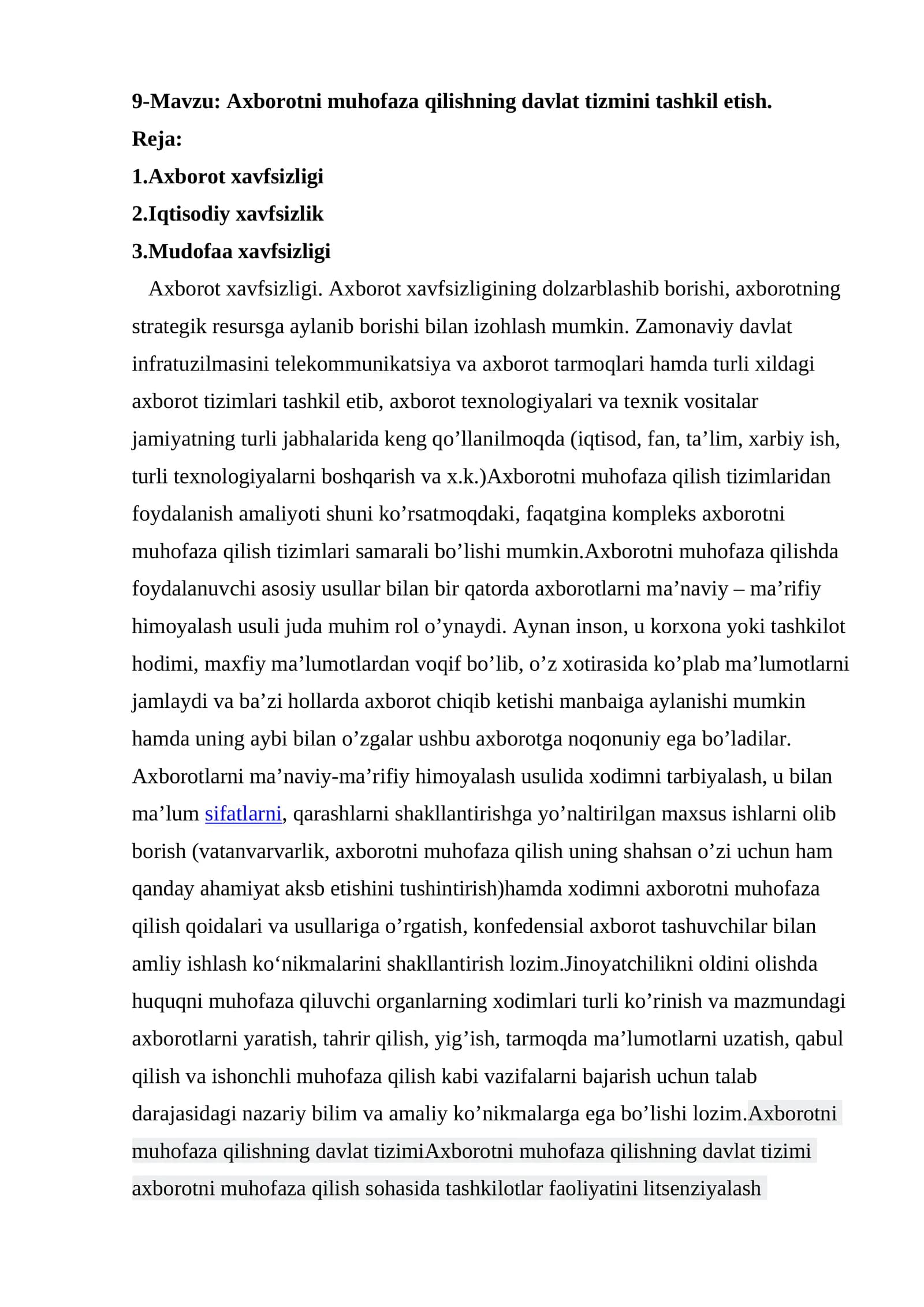 Axborotni muhofaza qilishning davlat tizmini tashkil etish
