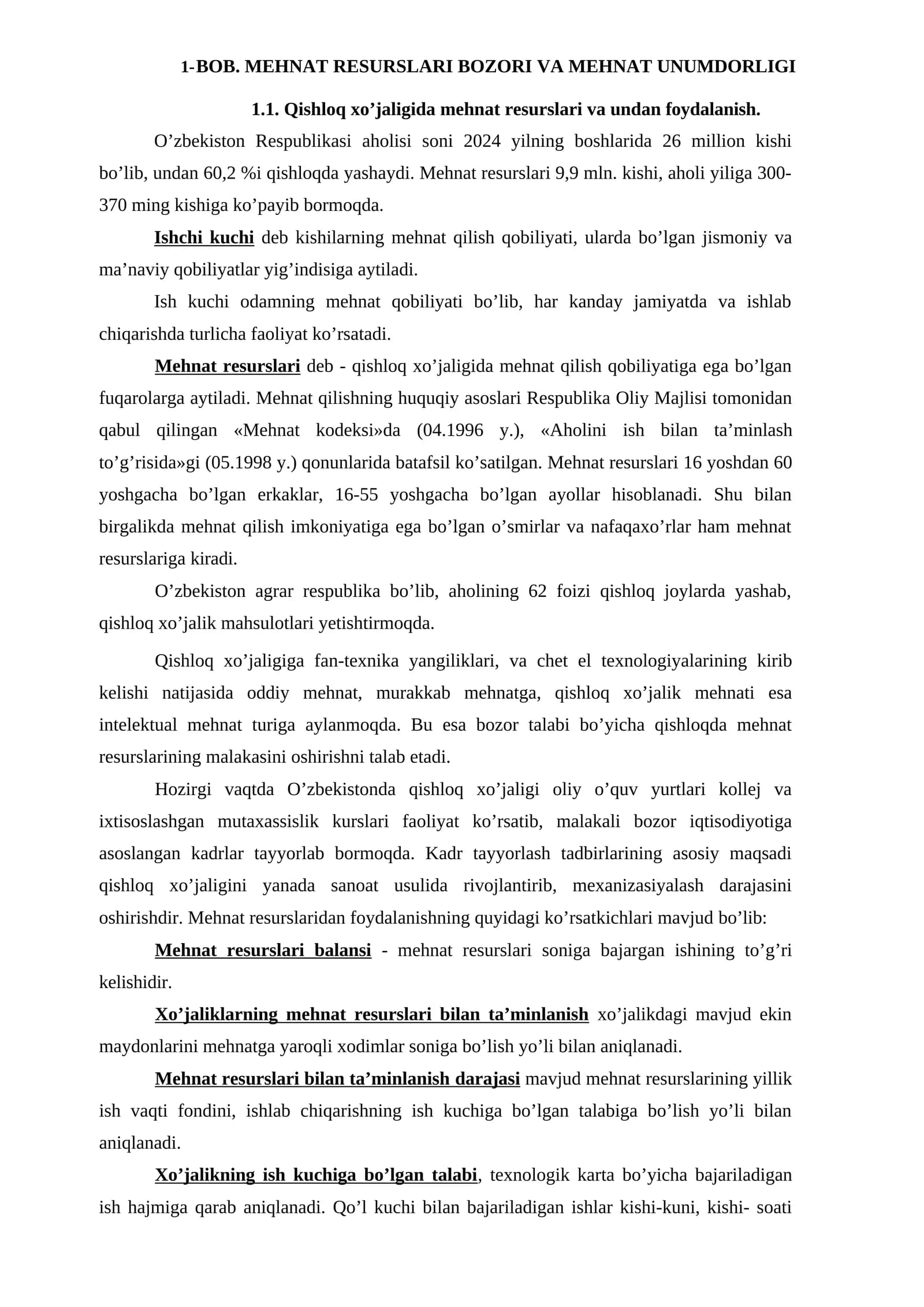 MEHNAT RESURSLARI BOZORI VA MEHNAT UNUMDORLIGI