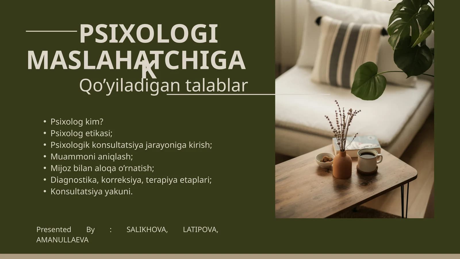 PSIXOLOGIK MASLAHATCHIGA Qo’yiladigan talablar
