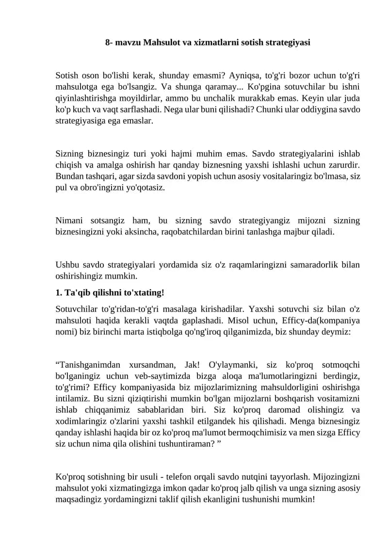 Mahsulot va xizmatlarni sotish strategiyasi