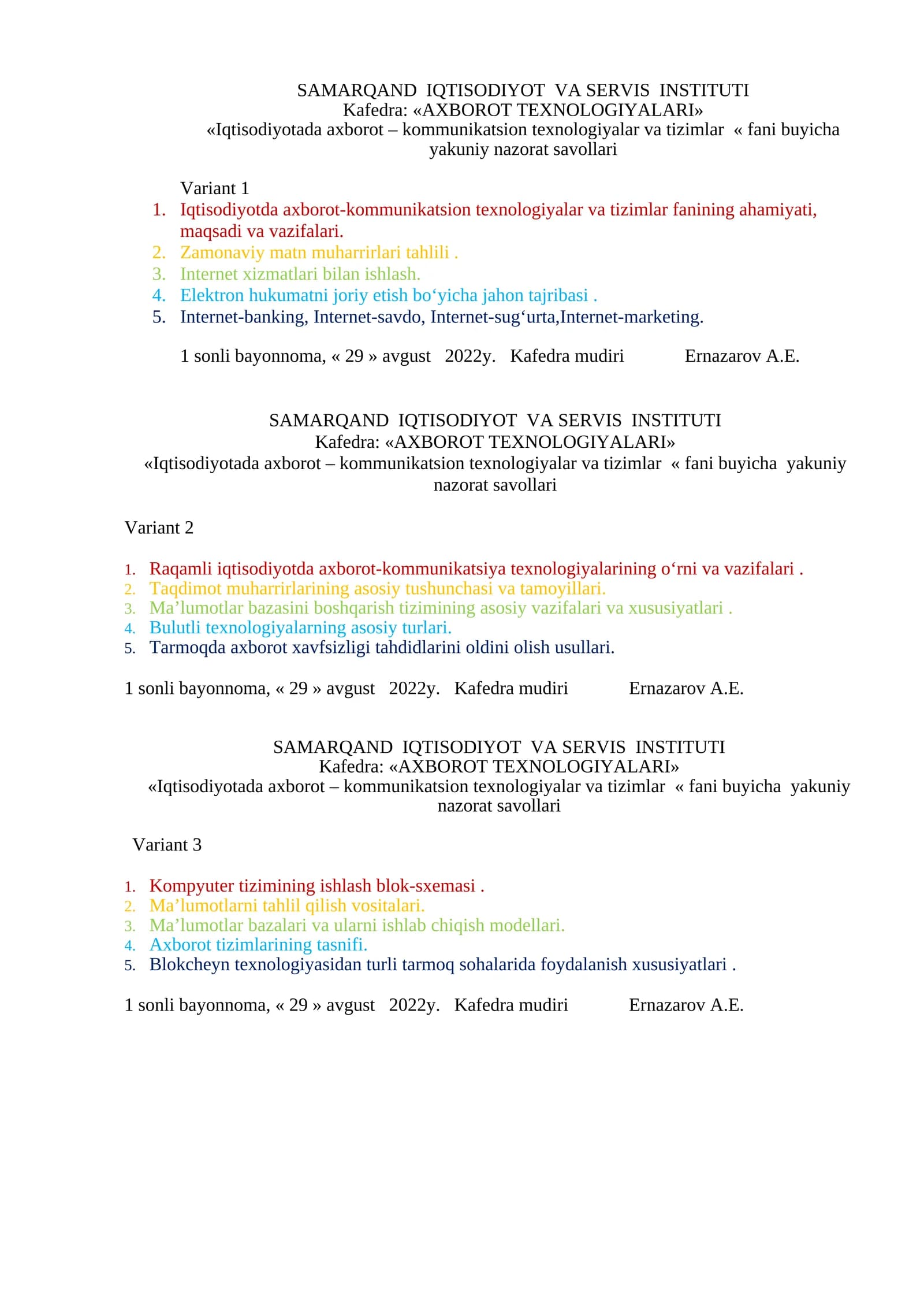 Iqtisodiyotda axborot-kommunikatsion texnologiyalar va tizimlar