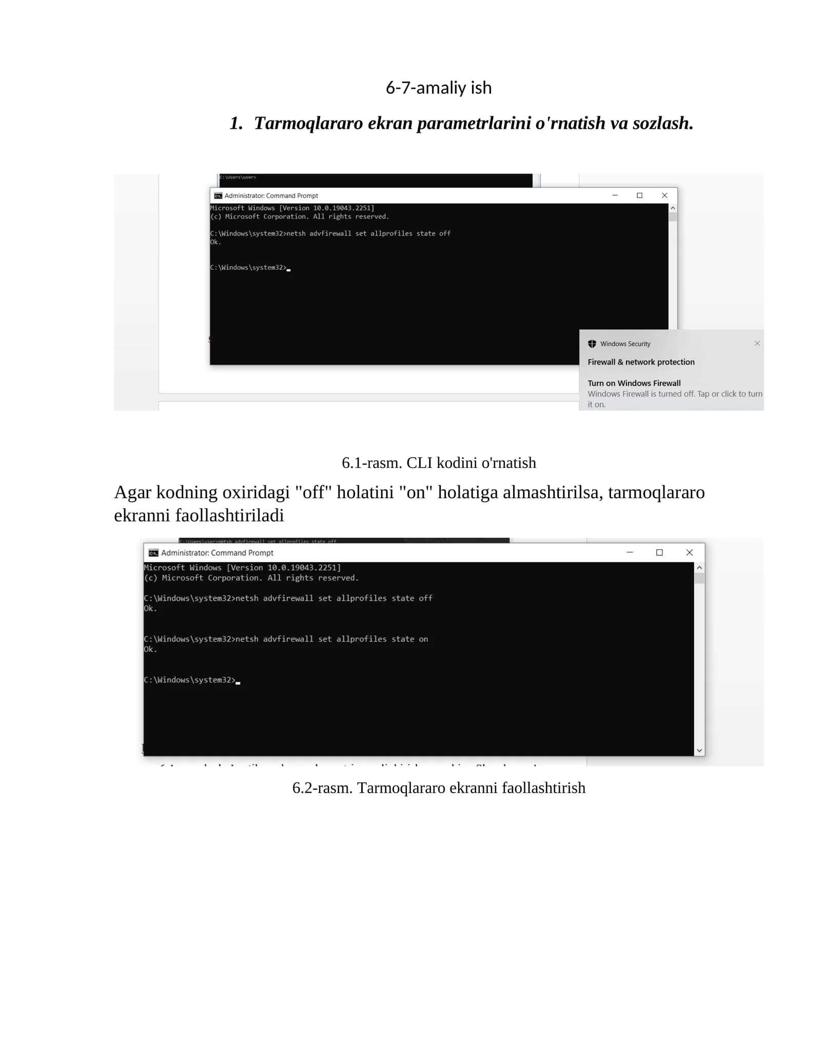 Tarmoqlararo ekran parametrlarini o'rnatish va sozlash