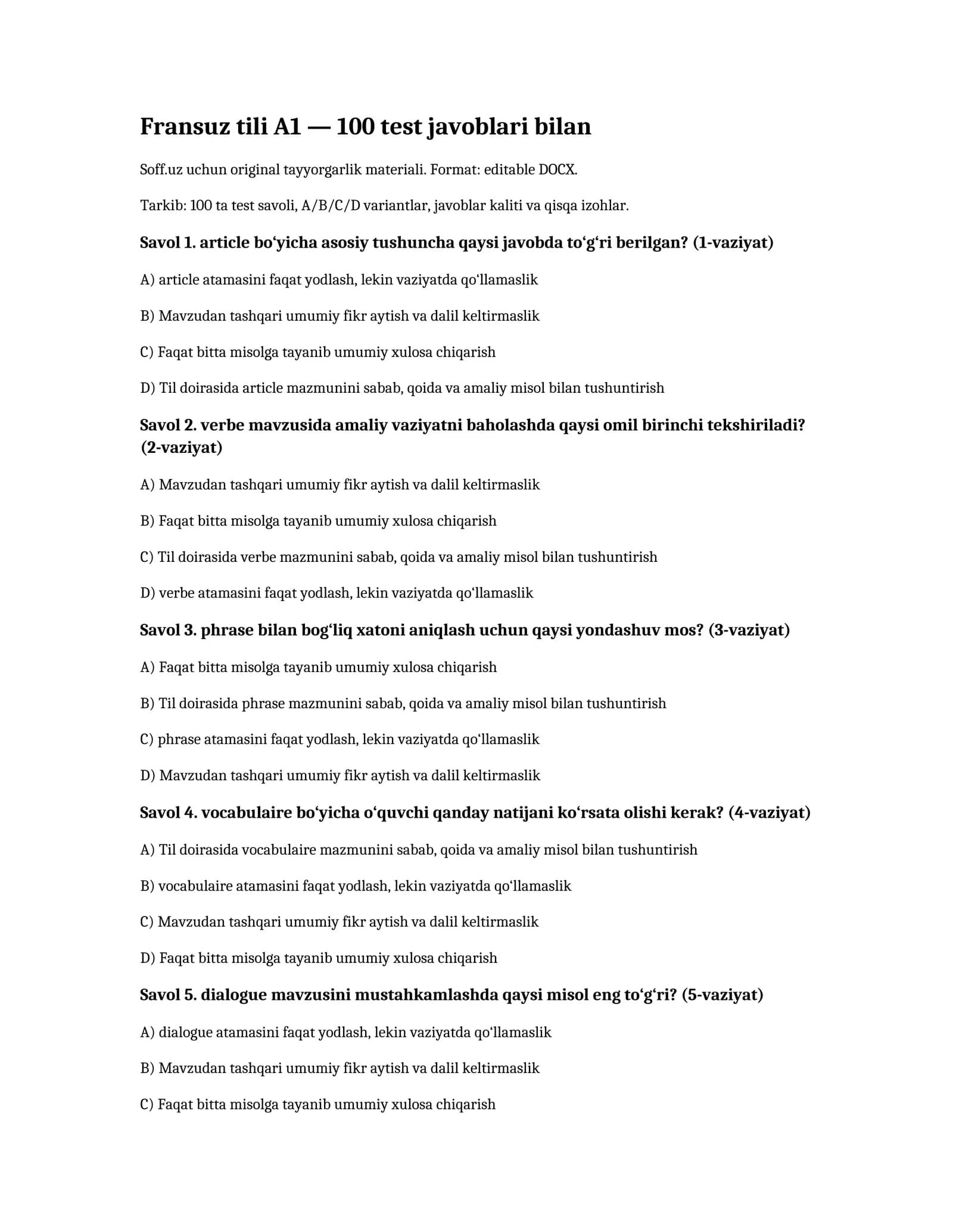 Fransuz tili A1 — 100 test javoblari bilan