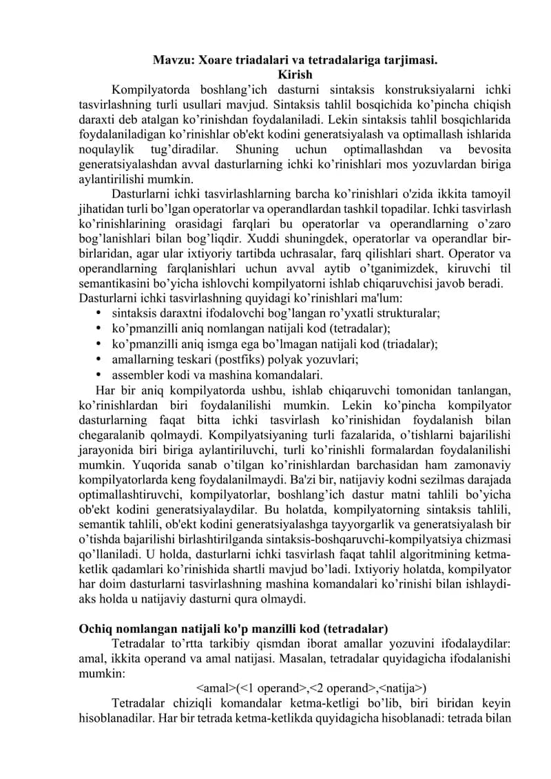 Xoare triadalari va tetradalariga tarjimasi