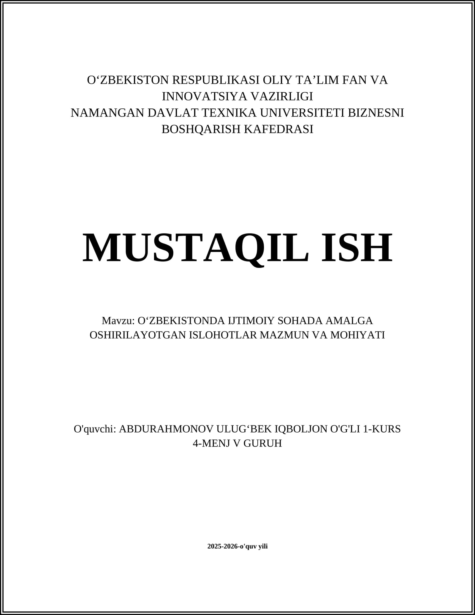 O‘ZBEKISTONDA IJTIMOIY SOHADA AMALGA OSHIRILAYOTGAN ISLOHOTLAR MAZMUN VA MOHIYATI