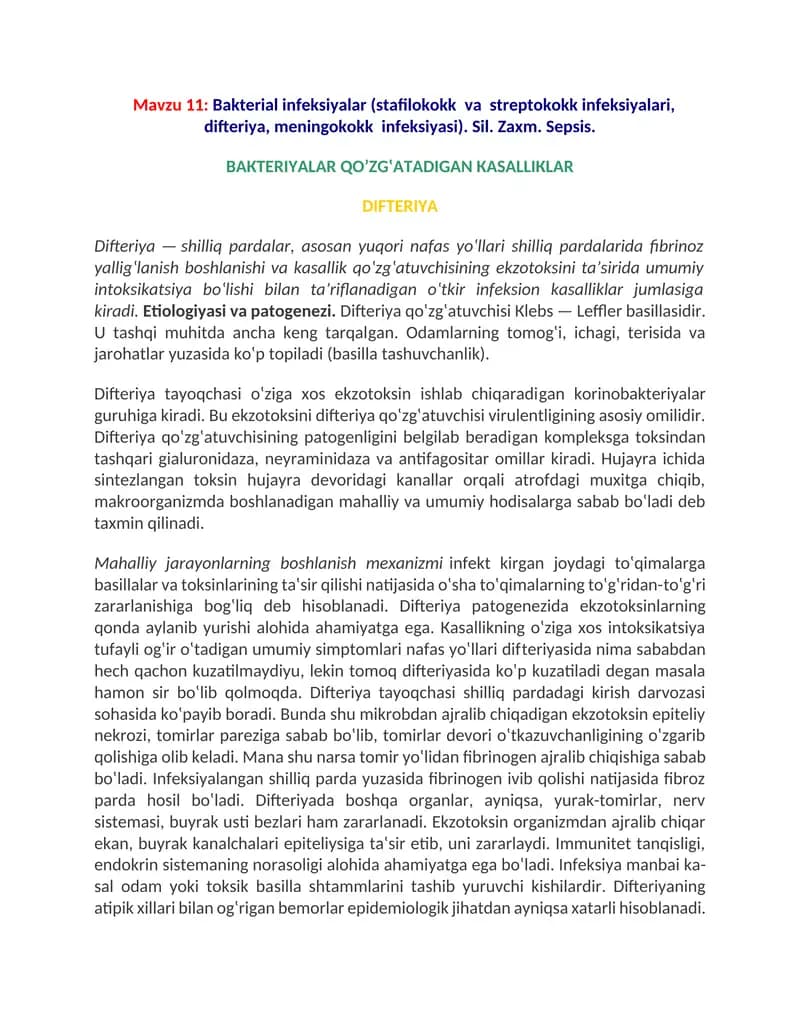 Bakterial infeksiyalar (stafilokokk  va  streptokokk infeksiyalari, difteriya, meningokokk  infeksiyasi). Sil. Zaxm. Sepsis.