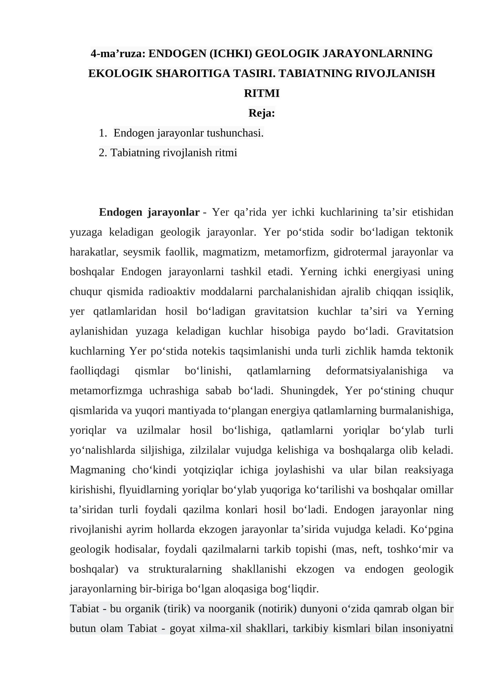 ENDOGEN (ICHKI) GEOLOGIK JARAYONLARNING EKOLOGIK SHAROITIGA TASIRI