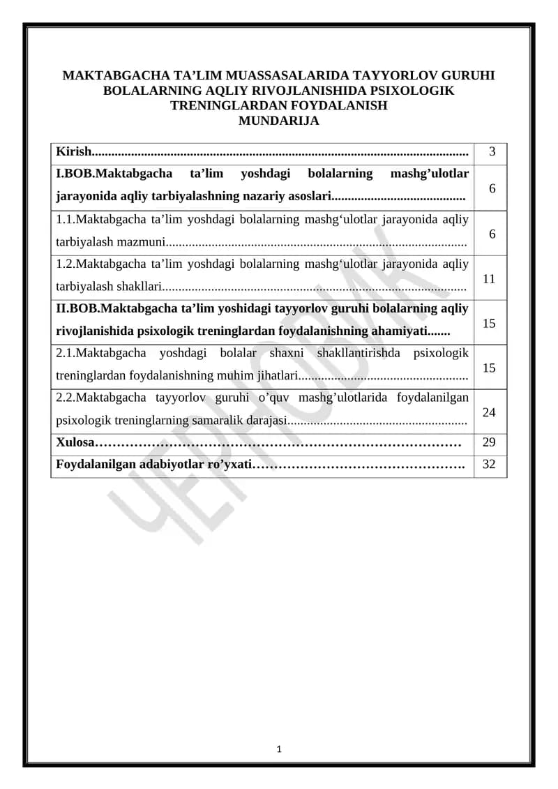 Maktabgacha ta'lim yoshidagi tayyorlov guruhi bolalarning aqliy rivojlanishida psixologik treninglardan foydalash