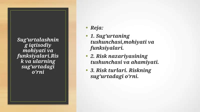 Sug’urtalashning iqtisodiy mohiyati va funksiyalari. Risk va ularning sug’urtadagi o’rni