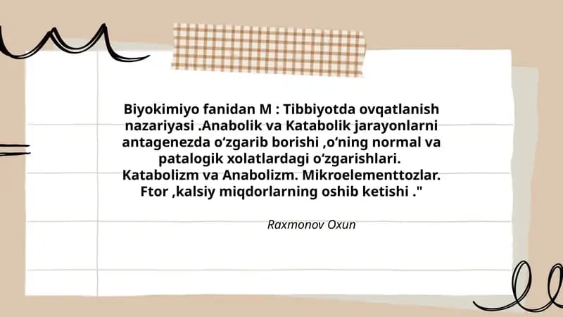 Biyokimiyo fanidan M: Tibbiyotda ovqatlanish nazariyasi