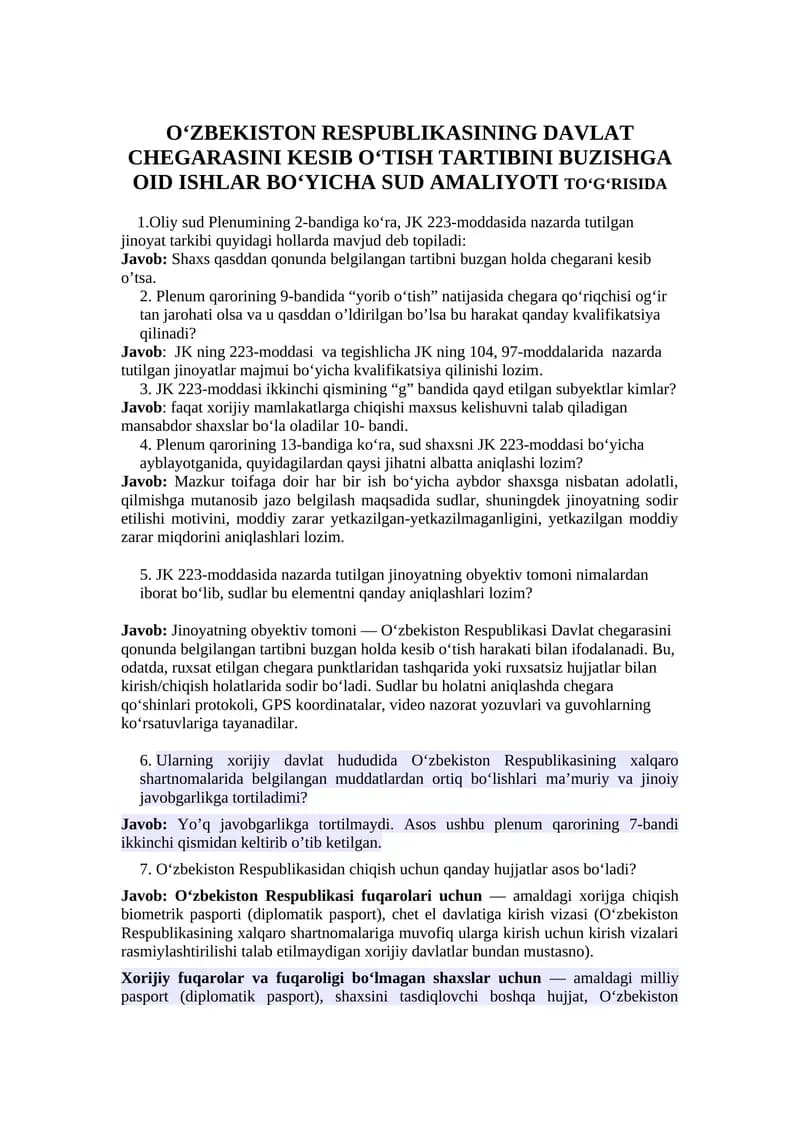 OʻZBEKISTON RESPUBLIKASINING DAVLAT CHEGARASINI KESIB OʻTISH TARTIBINI BUZISHGA OID ISHLAR BOʻYICHA SUD AMALIYOTI
