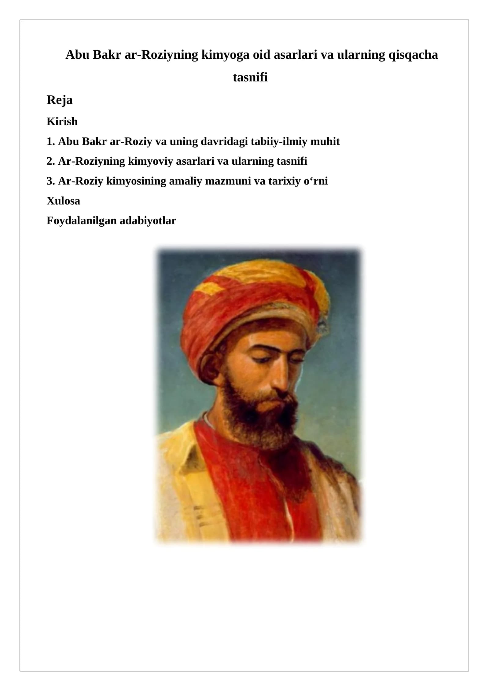 Abu Bakr ar-Roziyning kimyoga oid asarlari va ularning qisqacha tasnifi