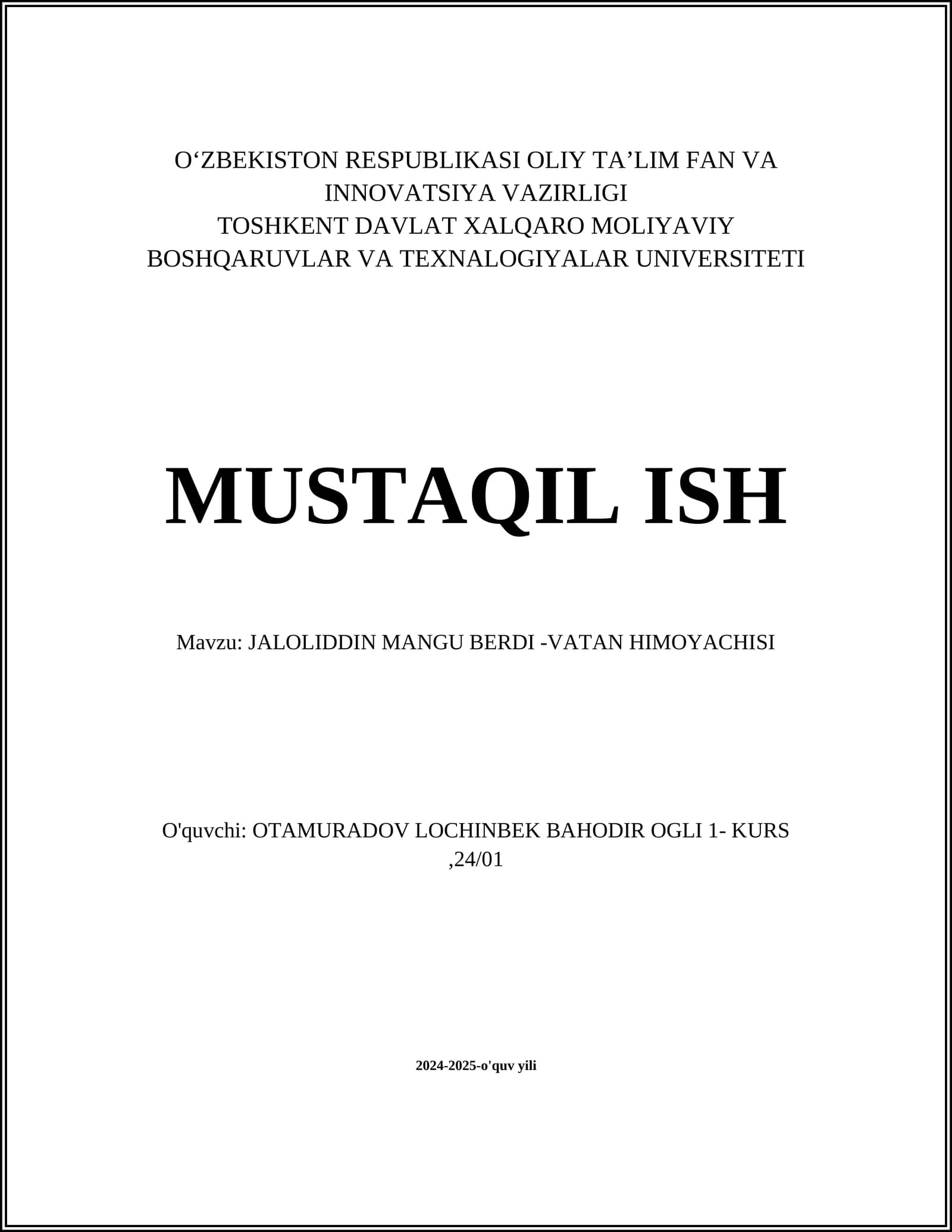 JALOLIDDIN MANGU BERDI -VATAN HIMOYACHISI