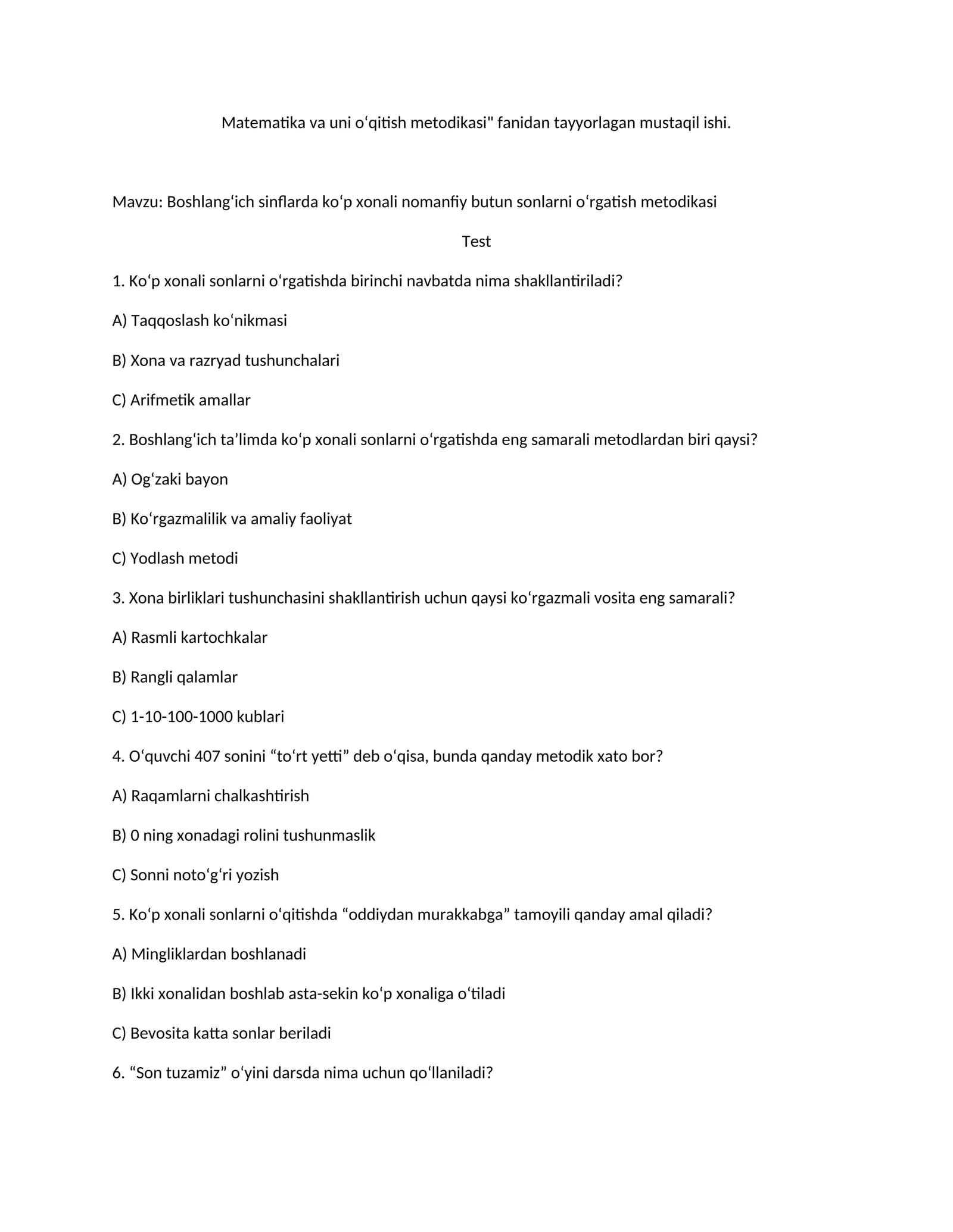 Matematika va uni o‘qitish metodikasi