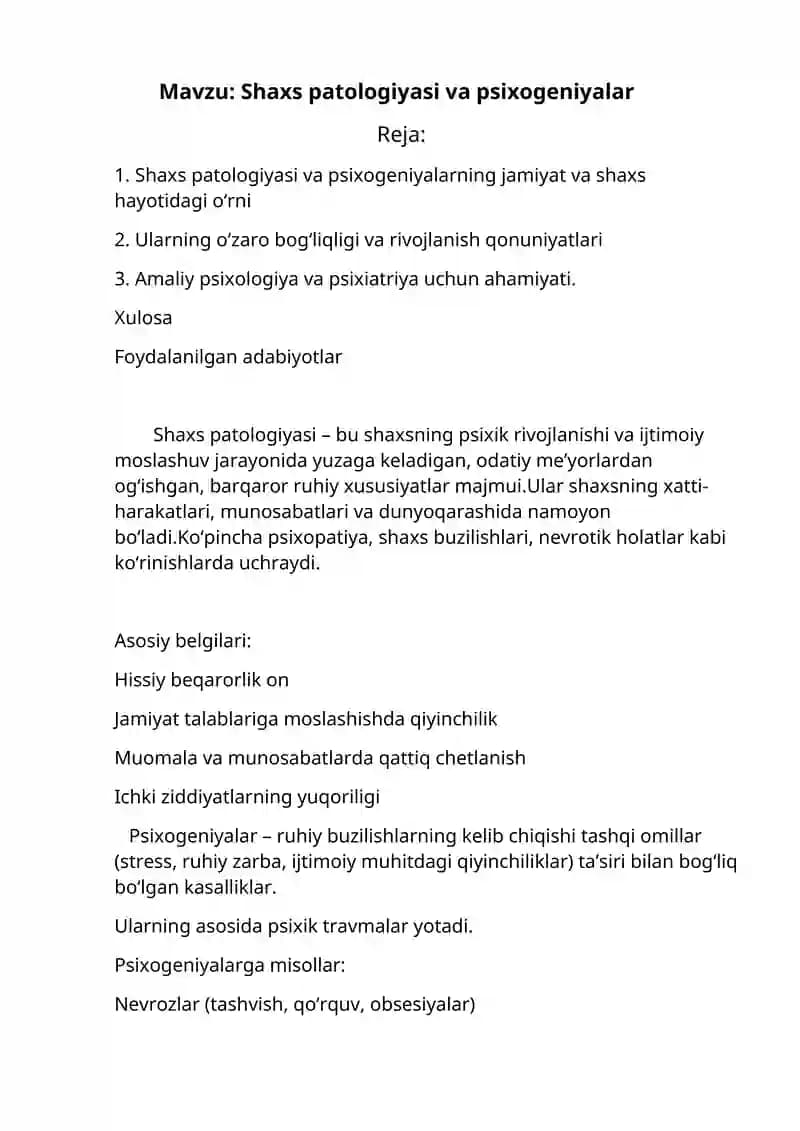 Shaxs patologiyasi va psixogeniyalar
