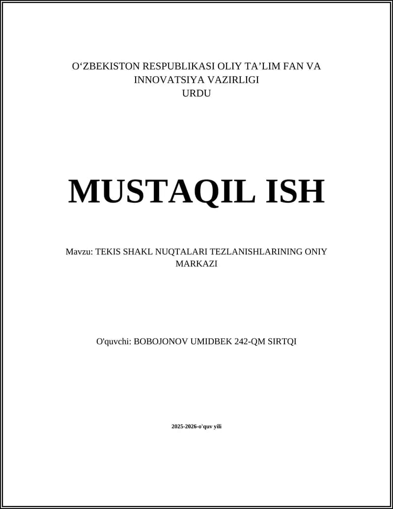 TEKIS SHAKL NUQTALARI TEZLANISHLARINING ONIY MARKAZI