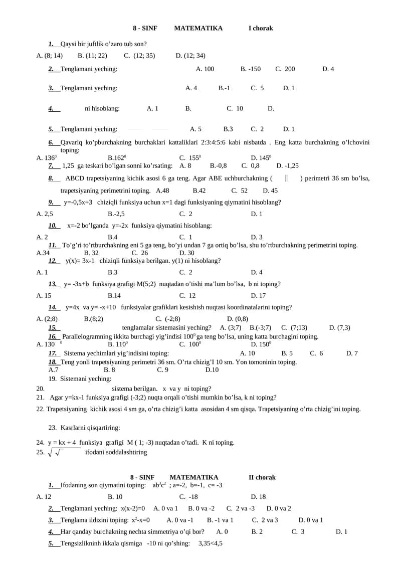 8 - SINF MATEMATIKA I chorak