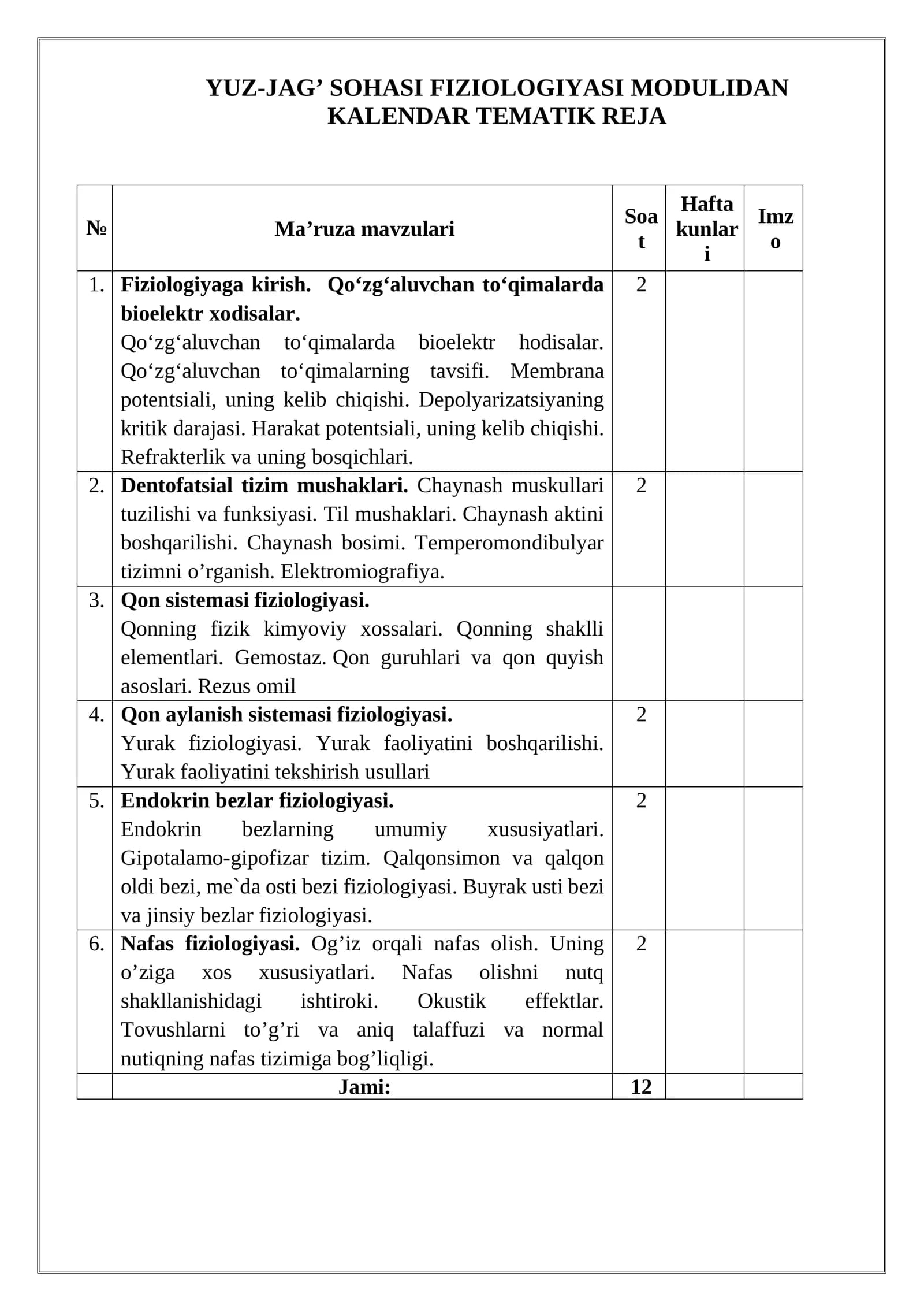 YUZ-JAG’ SOHASI FIZIOLOGIYASI MODULIDAN