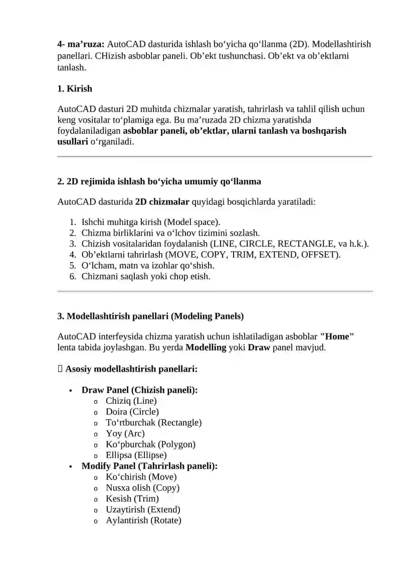 AutoCAD dasturida ishlash bo‘yicha qo‘llanma (2D)