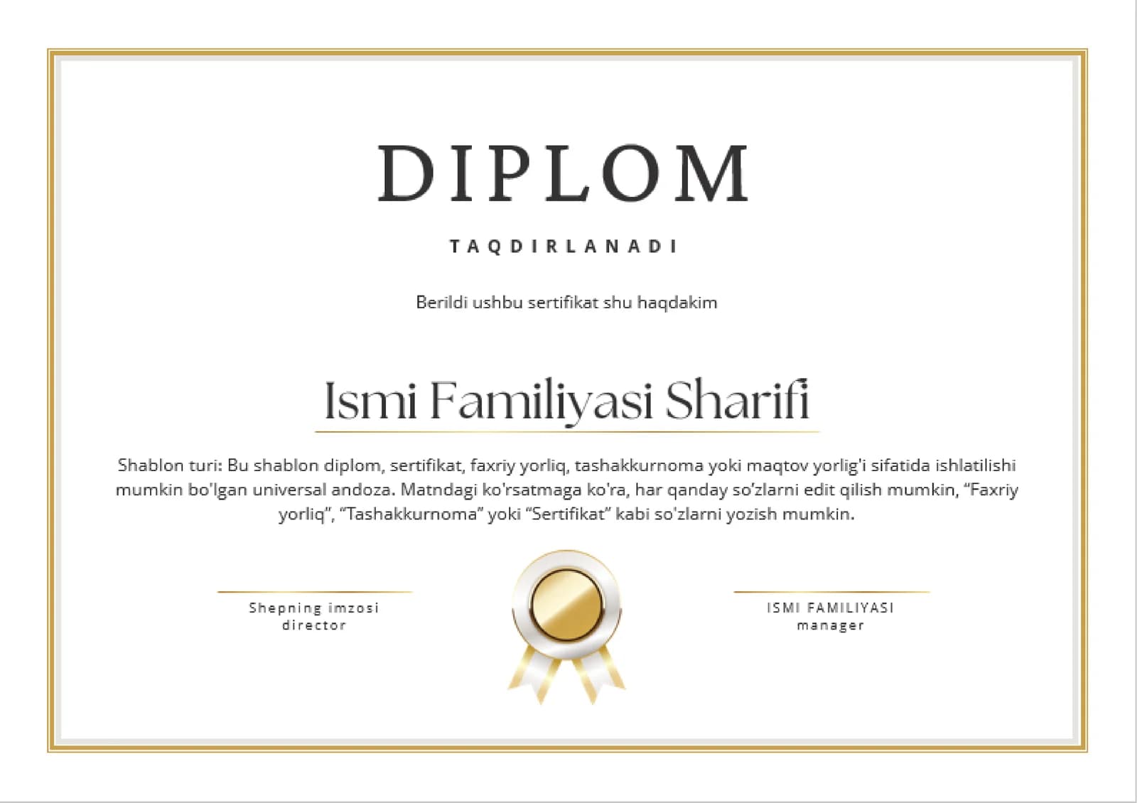 Shablon turi: Bu shablon diplom, sertifikat, faxriy yorliq